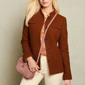 TALBOTS women’s wool band collar jacket in brown/dark Caramel lined size 8 EUC